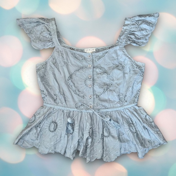 Venus Women’s Blue Boho Embroidered Eyelet Peplum Ruffle Blouse Crop Top Size 6 - Picture 2 of 6